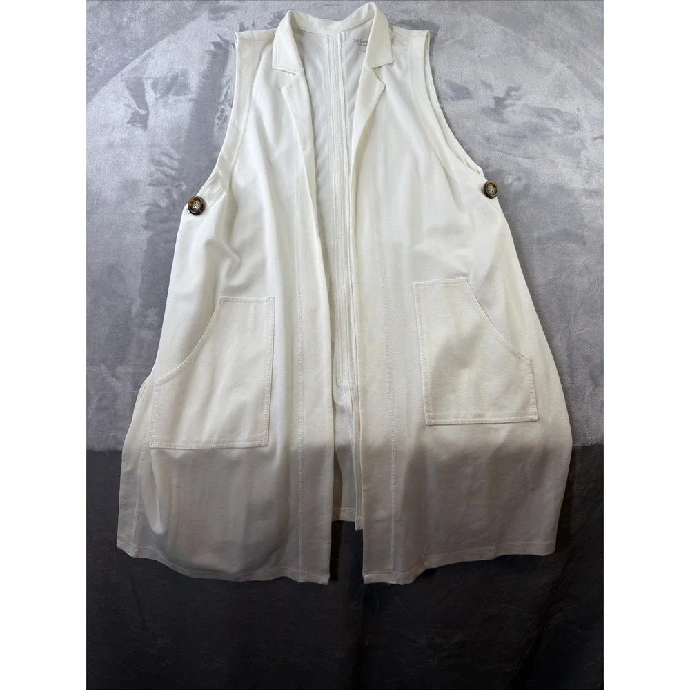 Soft Surroundings Women's L Ivory Long Vest Duster Open Front Zip Back Stretch